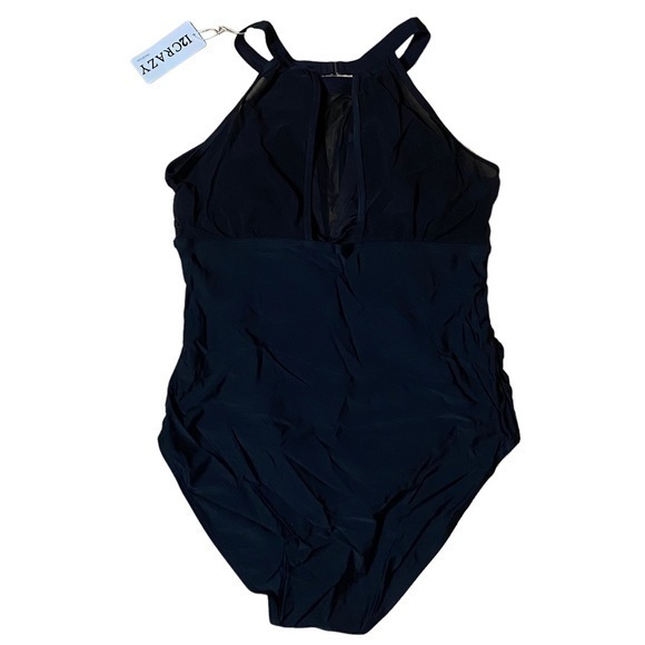 I2CRAZY High Neck Mesh Ruched Tummy Control V Neck Suit - Size XL - Black - NWT - Picture 1 of 6